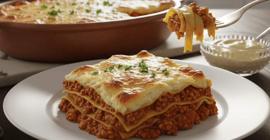 Lasanha a bolonhesa de soja com queijo de castanha de caju